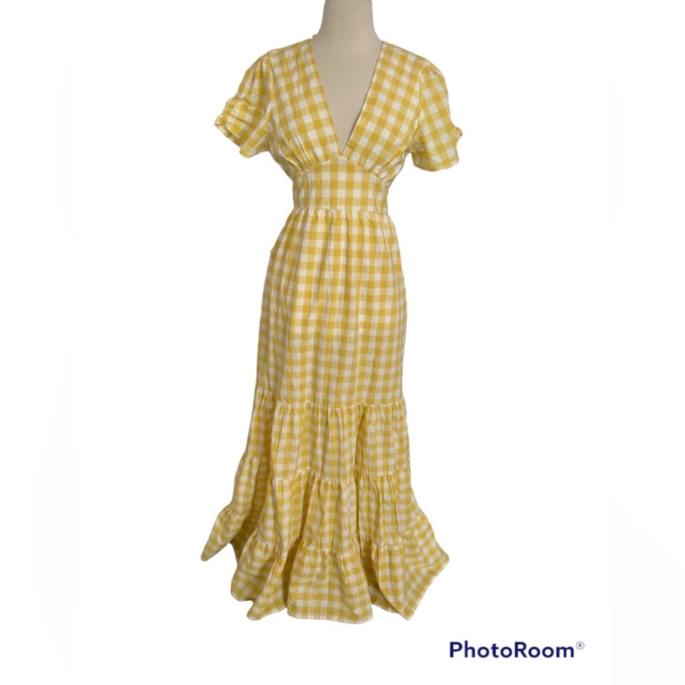 NYC V-NECK TIERED PUFF SLEEVE MAXI DRESS IN MUSTARD CHECK L